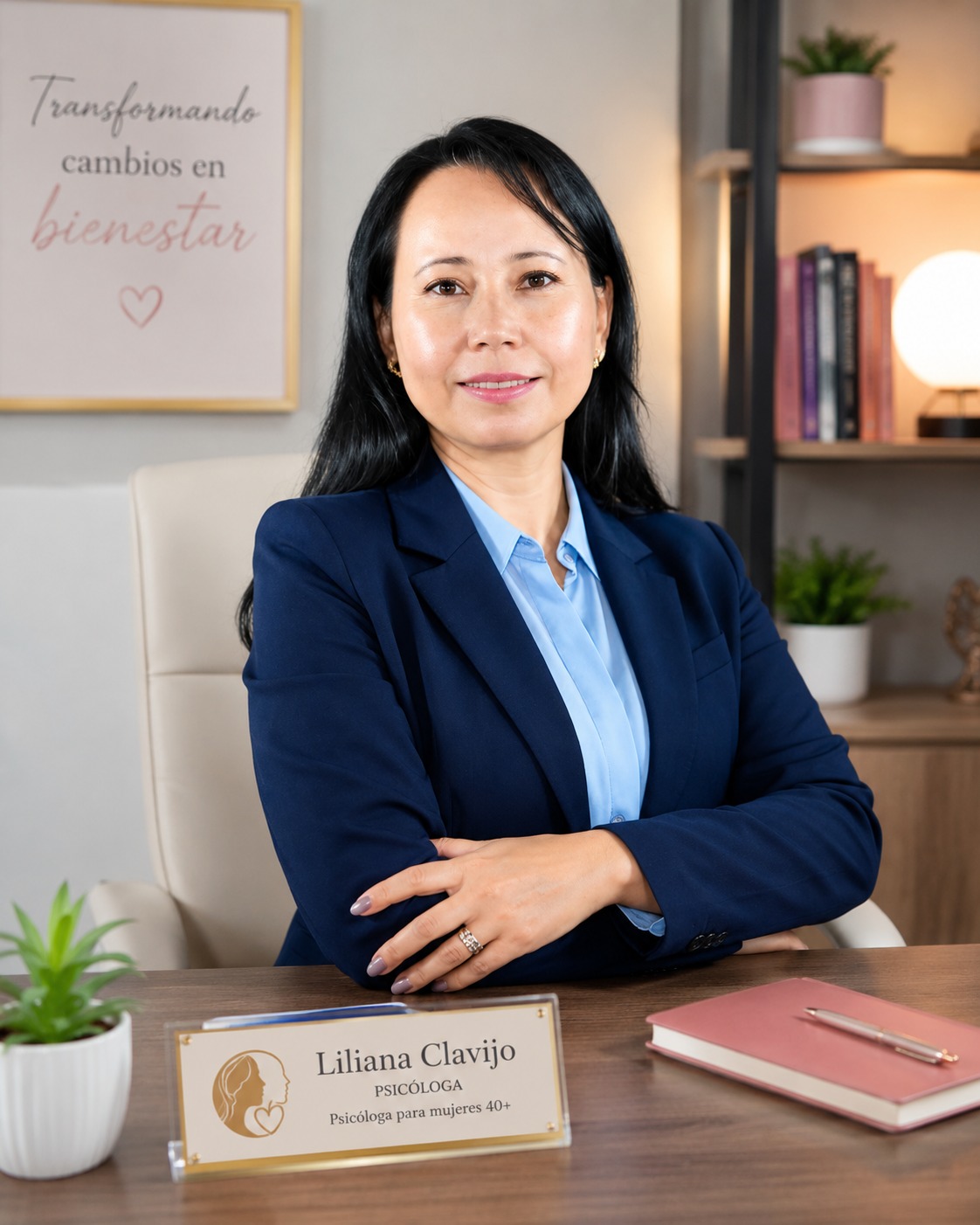 Liliana Clavijo en su consultorio, con el cuadro Transformando cambios en bienestar
